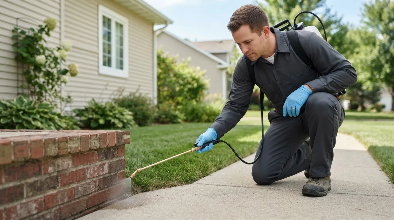 Pest control technician treating a home near Dresden, ME